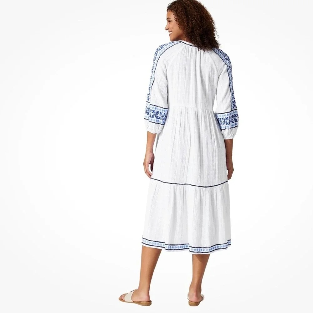 Tommy Bahama NWT Size LGE  Mykonos White &‎ Blue Embroidered  tiered midi Dress - Picture 2 of 16